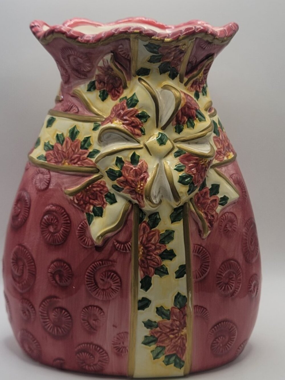 Red Ceramic Holiday Gift‑Bag Vase with Poinsettia Bow